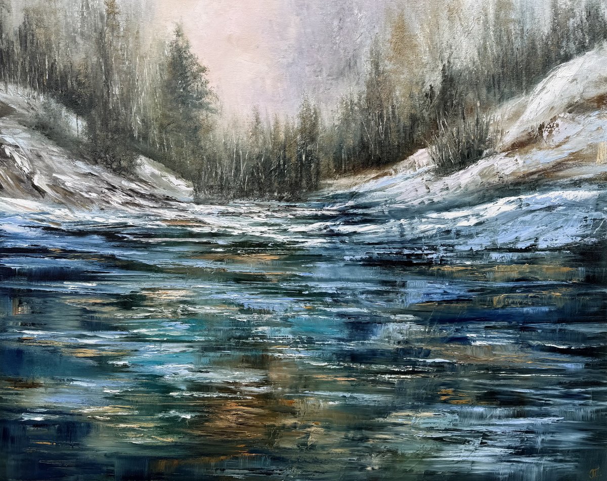 Impressionistic Landscape Oil Painting By Tanja Frost, 39 X 31", Frozen Harmony, Original Artwork