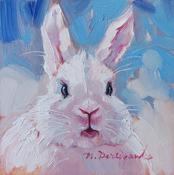 Funny rabbit oil painting original art 10x10 cm, White Bunny illustration nursery wall art