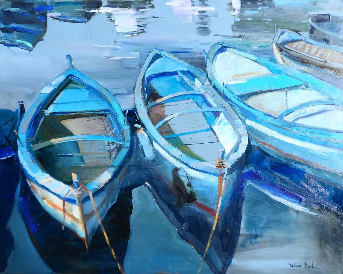 Impressionistic Landscape Oil Painting By Yehor Dulin, 39 X 31", " Boats Italy ", Original Artwork