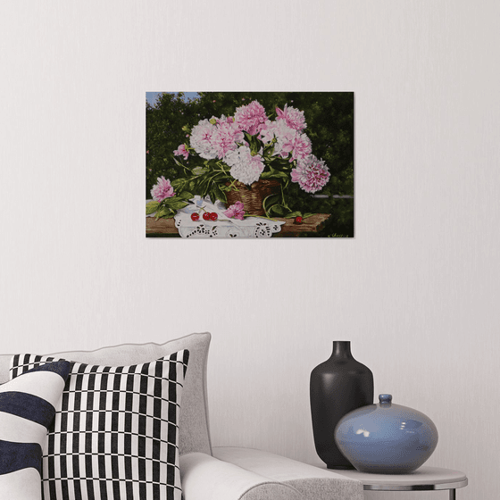 Garden Peonies with Cherries
