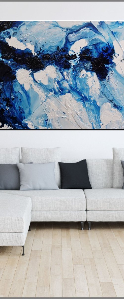 Navy Admiralty 200cm x 100cm Blue White Textured Abstract Art by Franko