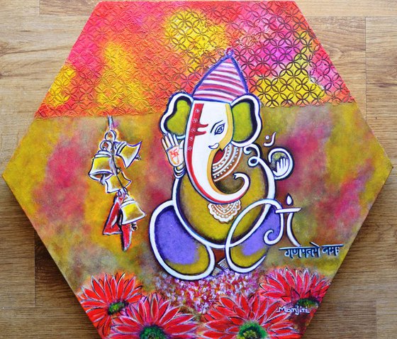 Lord Ganesha with mantra Om Gam Ganapateye Namaha colorful acrylic painting on canvas.
