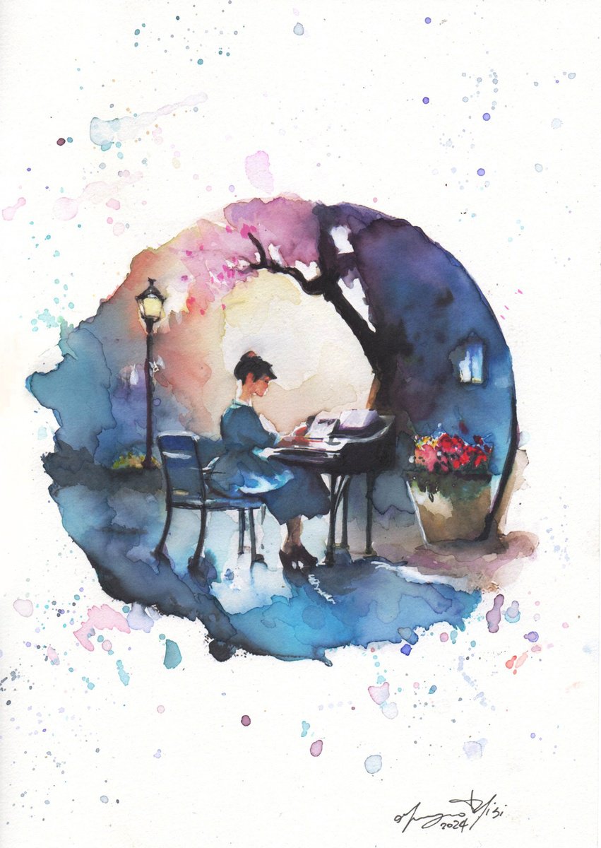 Impressionistic Ink Drawing , The Pianist By Maurizio Puglisi, 8 X 11, Artwork For Sale On Artfinder