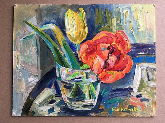 Still life with a yellow and red tulip