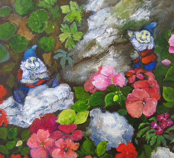 Gnomes and Busy Lizzies (a scene from my rockery garden)