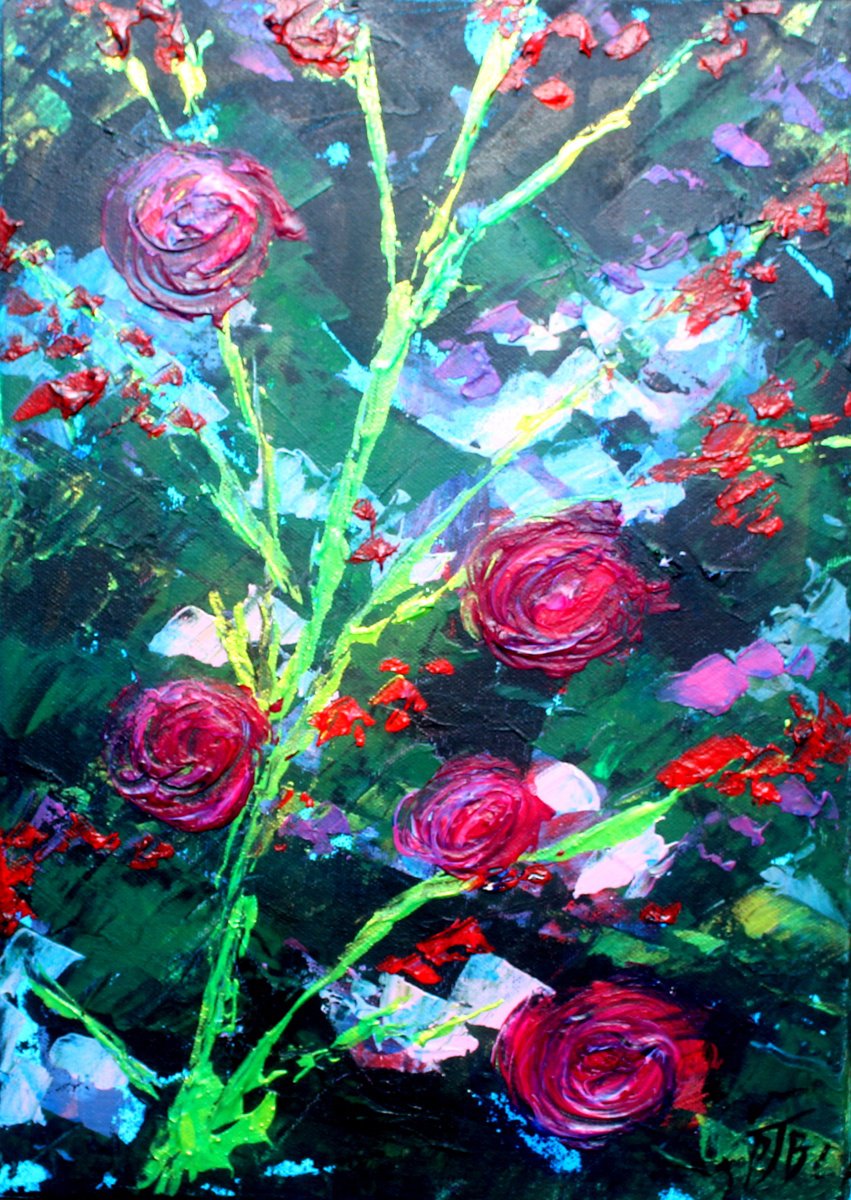 Impressionistic Botanical Acrylic Painting By Paul J Best, 12 X 17", Rose Garden I, Original Artwork