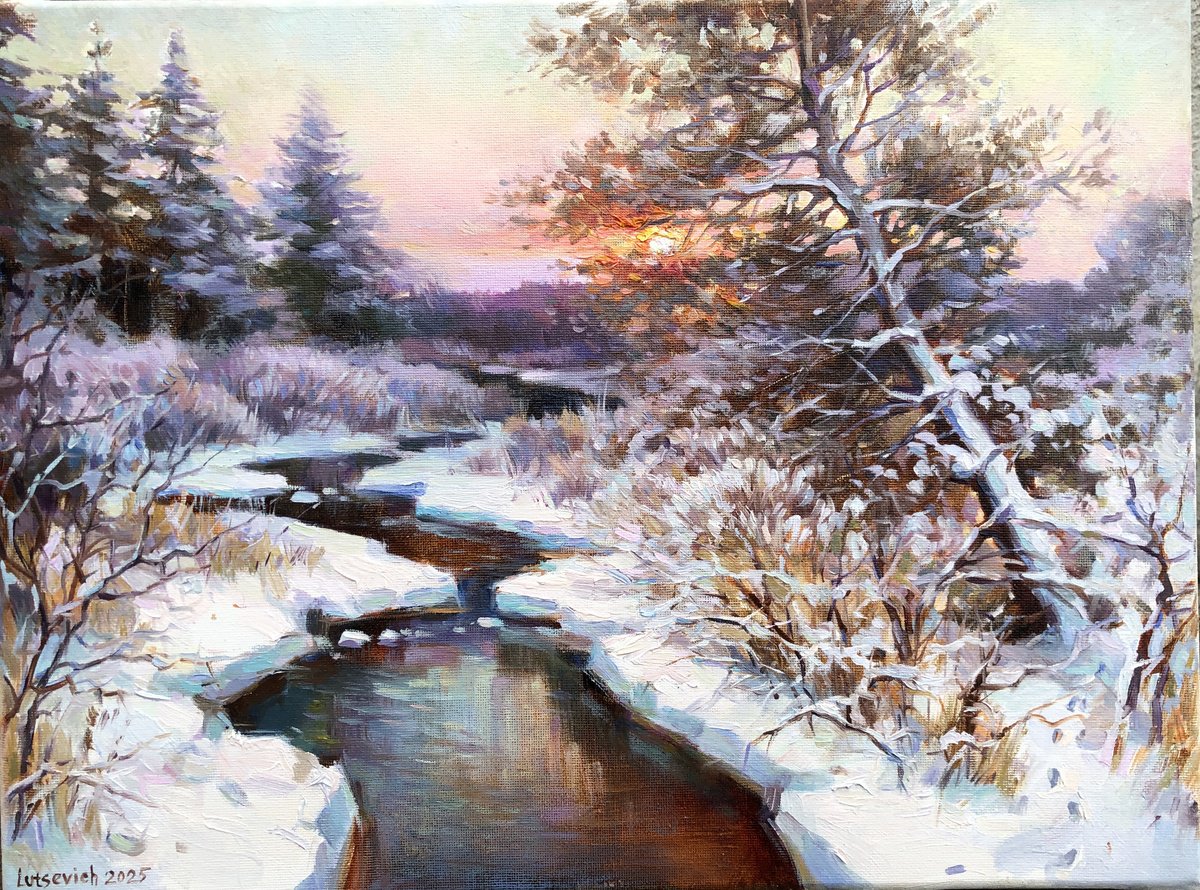 Photorealistic Landscape Oil Painting By Vladimir Lutsevich, 16 X 12", Winter Landscape, Original Artwork