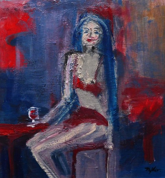 FEMALE SEATED, RED WINE.