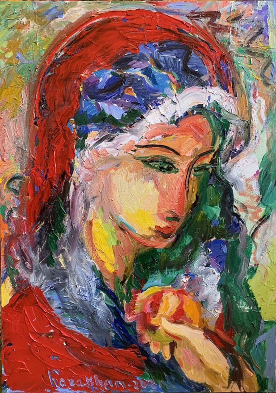 GIRL WITH APPLE IN A RED SCARF  female portrait, face, original oil painting, oriental theme 70x50