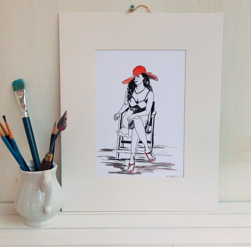 Woman in a red hat, sitting on a chair. by Vita Schagen