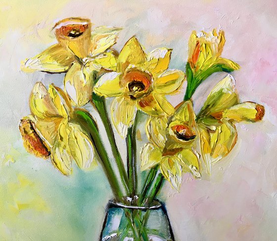 Bouquet of Daffodils  #3 on wooden  table, still life inspired by spring in a glass.