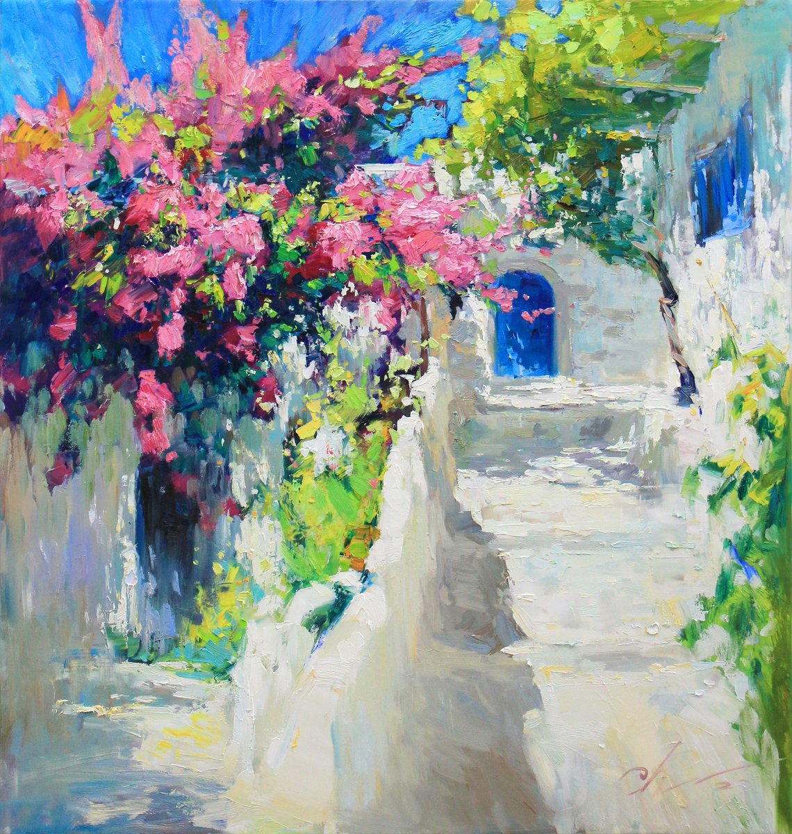 Impressionistic Landscape Oil Painting By Serhii Cherniakovskyi, 30 X 31", Street In Santorini, Original Artwork