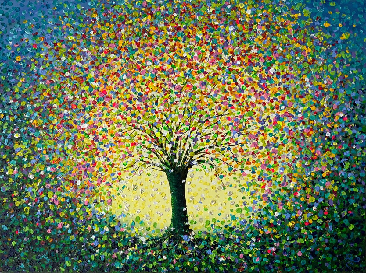 Organic Landscape Acrylic Painting By Jan Rogers, 24 X 18, Rainbow Tree Iii, Original Artwork