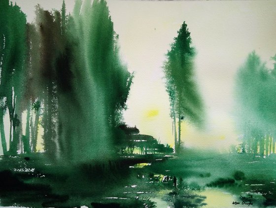 Watercolor landscape "River" by Artem Grunyka