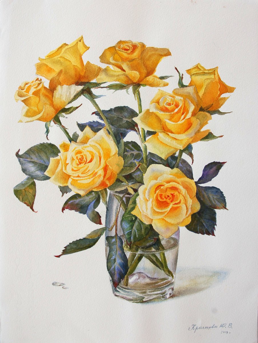 Photorealistic Still Life Watercolour By Yulia Krasnov, 11 X 15", Yellow Roses, Original Artwork