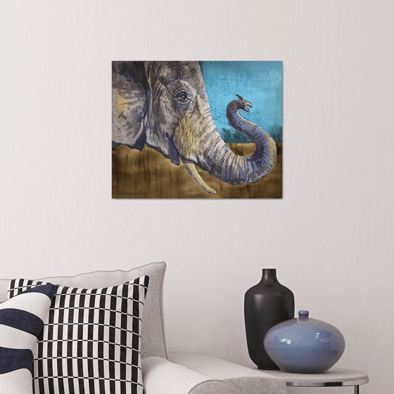 Elephant and mouse. Painting of elephant. Safari art, home decor