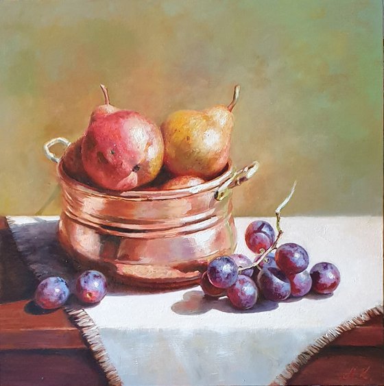 "Still life with grapes and pears in a small old French saucepan." still life grapes pears summer  liGHt original painting  GIFT (2020)