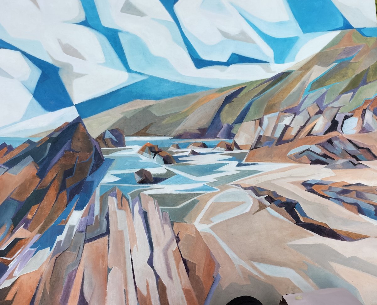 Geometric Landscape Oil Painting By Andrew Clayton, 28 X 24, Hope Cove, Original Artwork