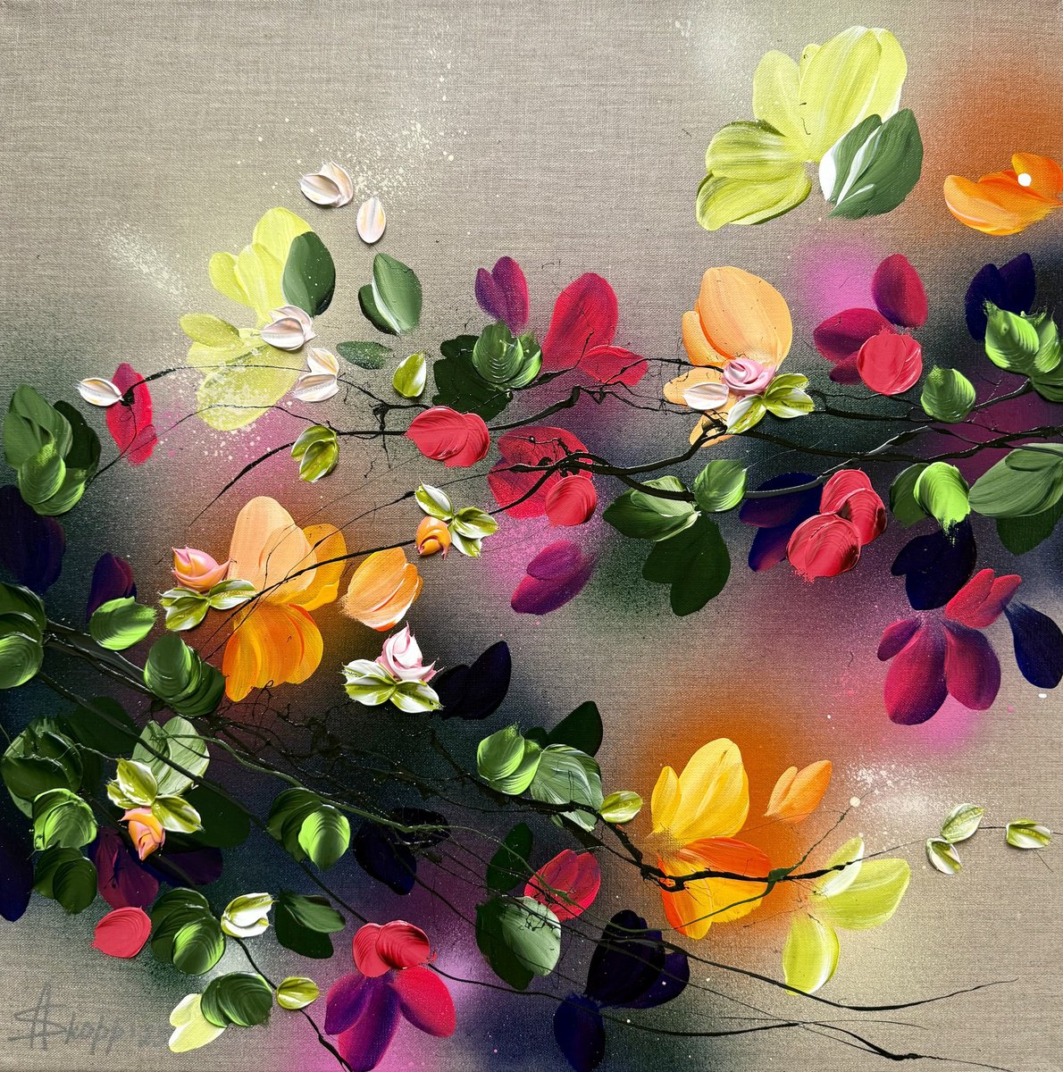 Expressive Botanical Acrylic Painting By Anastassia Skopp, 24 X 24, Autumn Day Ii, Original Artwork