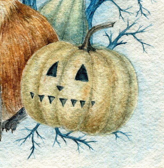 Halloween watercolor illustration with fox and pumpkins