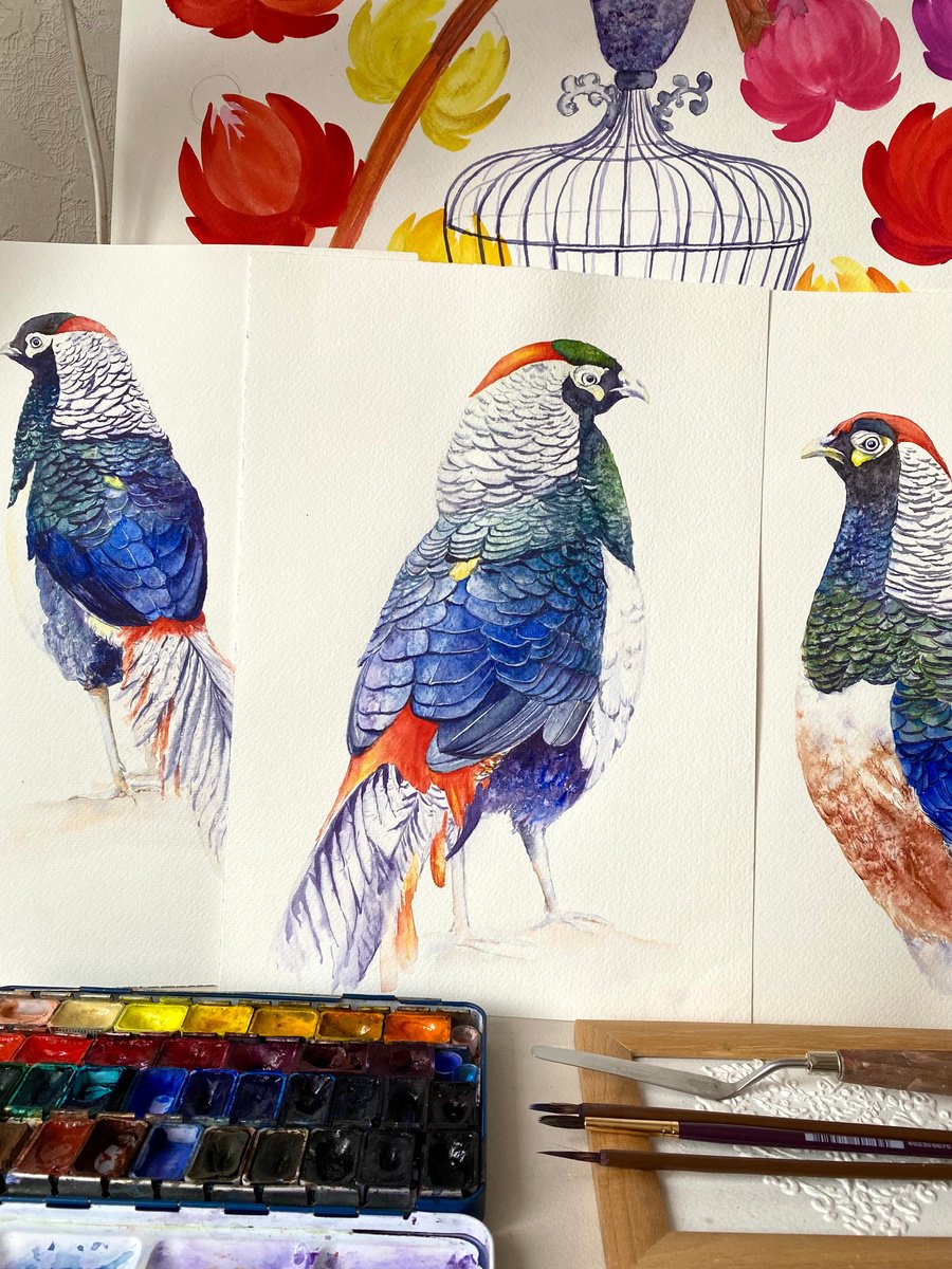 Impressionistic Watercolour , Set Of Three Pheasant By Tetiana Savchenko, 28 X 13, Artwork For Sale On Artfinder