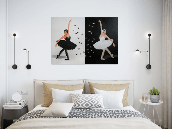 Black and White Swan. Ballet. Diptych /  ORIGINAL PAINTING