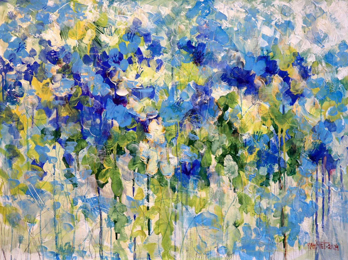Impressionistic Botanical Acrylic Painting By Rakhmet Redzhepov, 31 X 24", Blue, Original Artwork