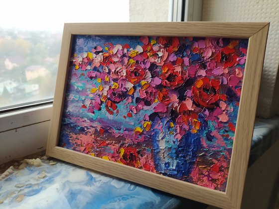 Red tint of flowers - painting, framed, flowers oil painting, bouquet, flowers, impressionism, palette knife, gift.