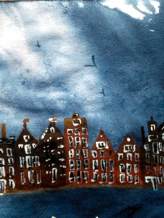 Amsterdam Painting Cityscape Original Art Nautical Artwork Sea Watercolor Sky Small Home Wall Art 8 by 12" by Halyna Kirichenko