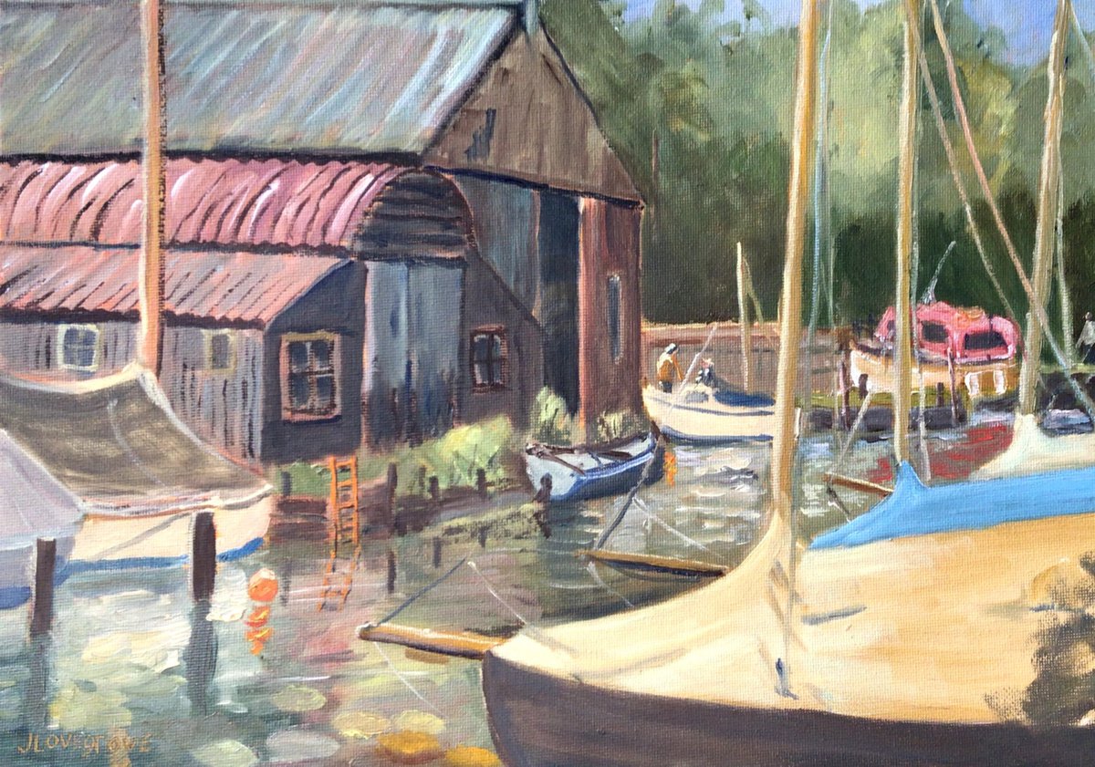 Boatyard on the Norfolk Broads. An original oil painting. by Julian Lovegrove Art