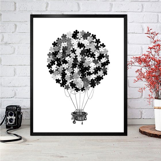 Black flower balloon, framed