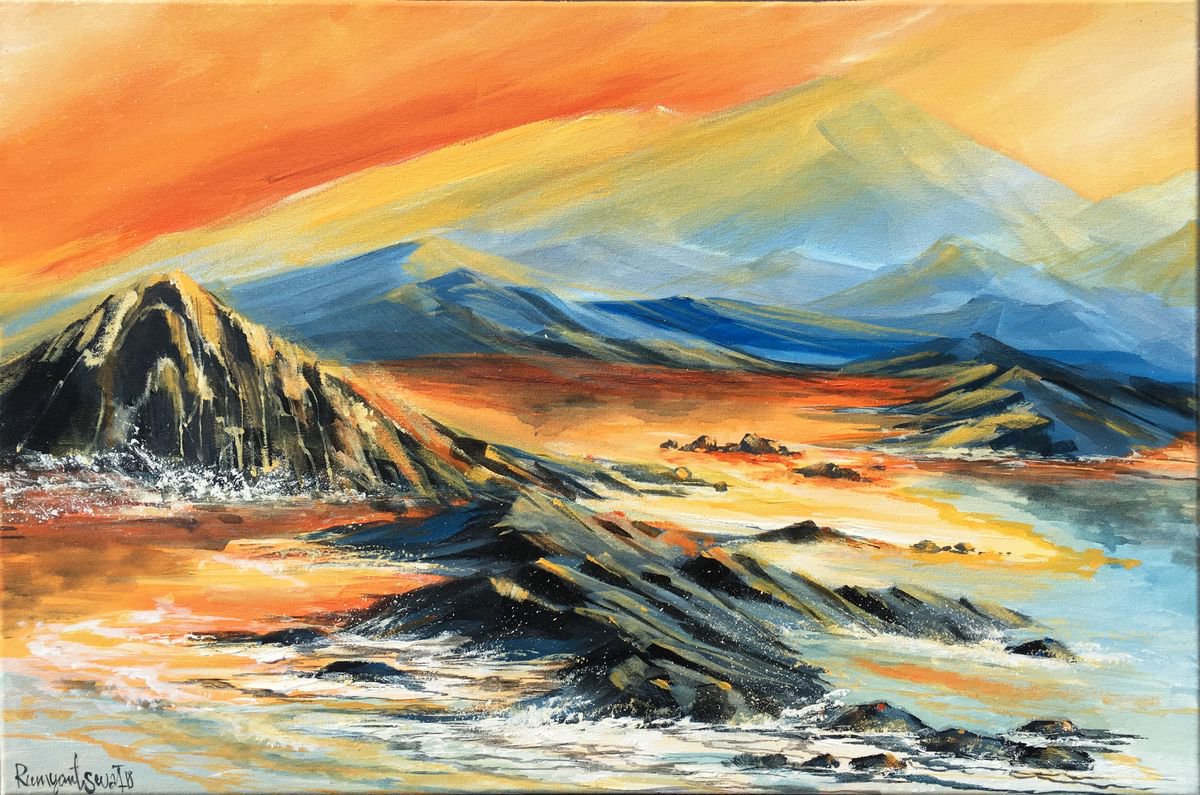 Expressive Landscape Acrylic Painting By Irina Rumyantseva, 30 X 20, Coast Study C01N03, Original Artwork