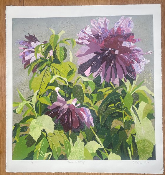 Linocut Print - Dahlias