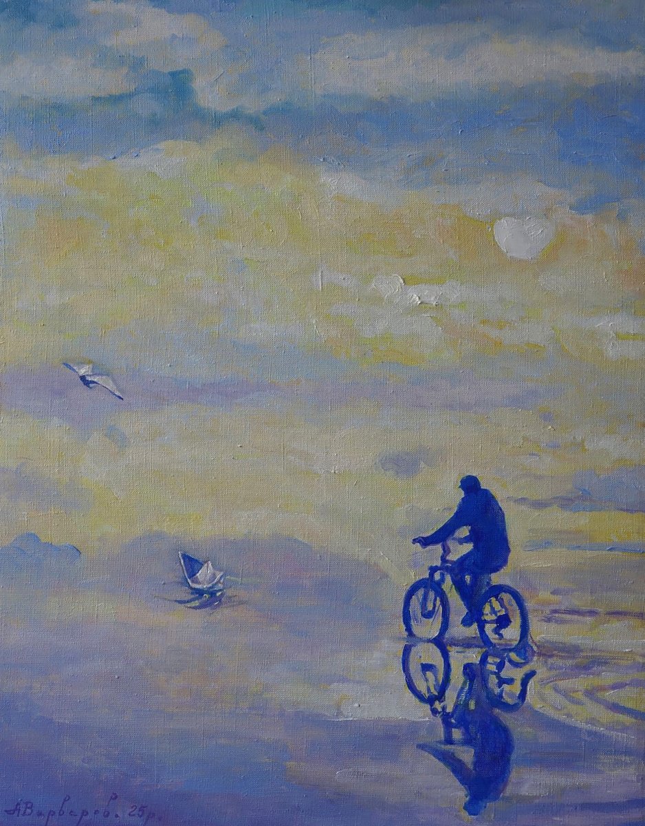 Urban And Pop Oil Painting , On The Road By Bike By Anatolii Varvarov, 19 X 24, Artwork For Sale On Artfinder