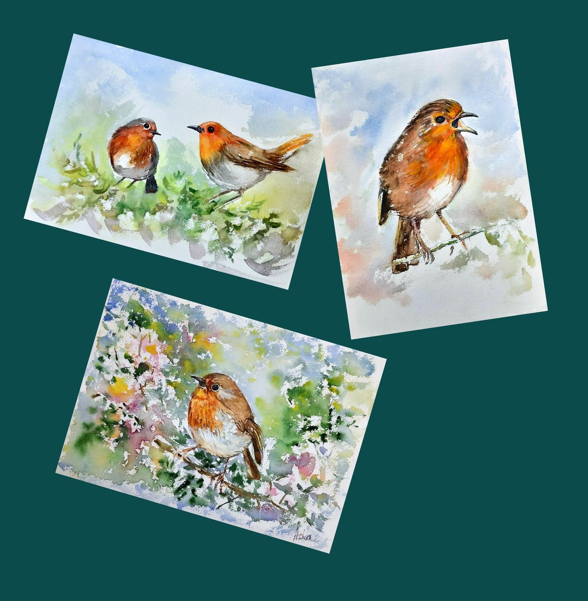 Illustrative Watercolour , Robins Set Of Three By Asha Shenoy, 12 X 8, Artwork For Sale On Artfinder