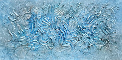 COASTAL TRANQUILITY. Abstract blue silver gray 3D dimensional painting by Sveta Osborne