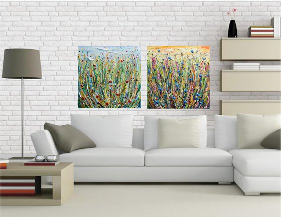 Cornflower Meadow - Abstract Floral Painting, Wildflower Field Textured Wall Art