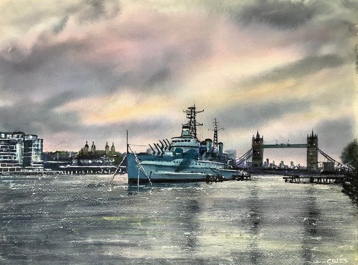 Impressionistic Cityscapes Watercolour By Darren Carey, 15 X 11, Hms Belfast At Dawn, Original Artwork