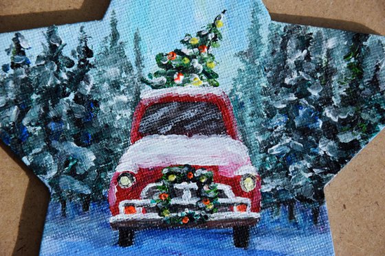Personalised Christmas ornaments, original acrylic painting, hand painted bauble, tree red truck car