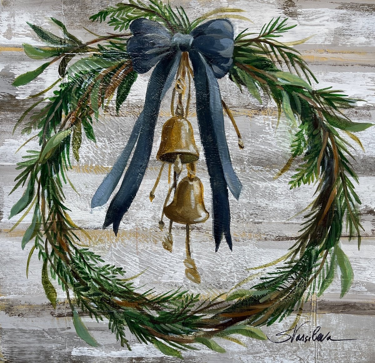 Impressionistic Botanical Acrylic Painting By Silvia Vassileva, 15 X 15", Viridian Wreath, Original Artwork