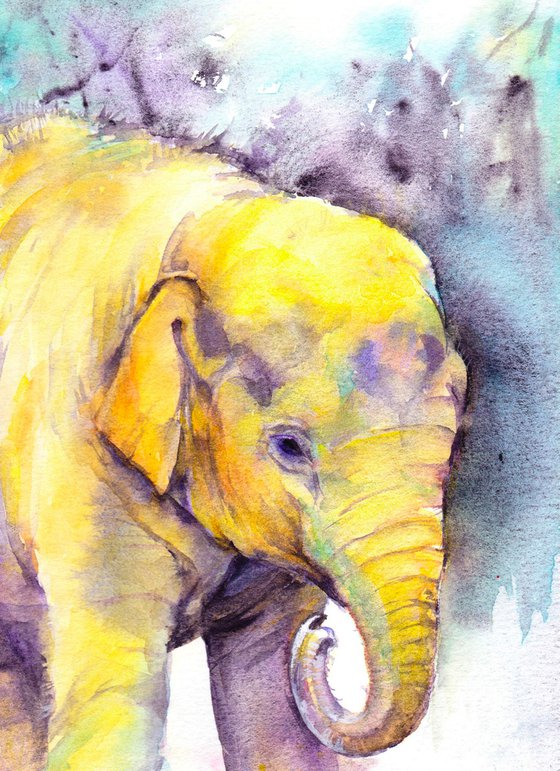 Portrait of an Indian Baby Elephant, an original watercolour painting
