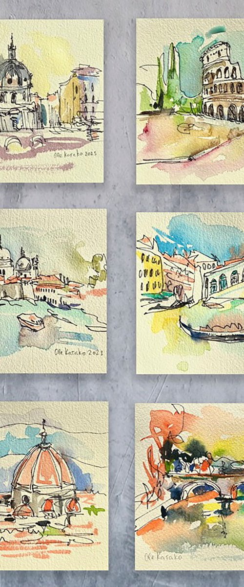Collection of six sketches Landmarks of Italy by Ole Karako