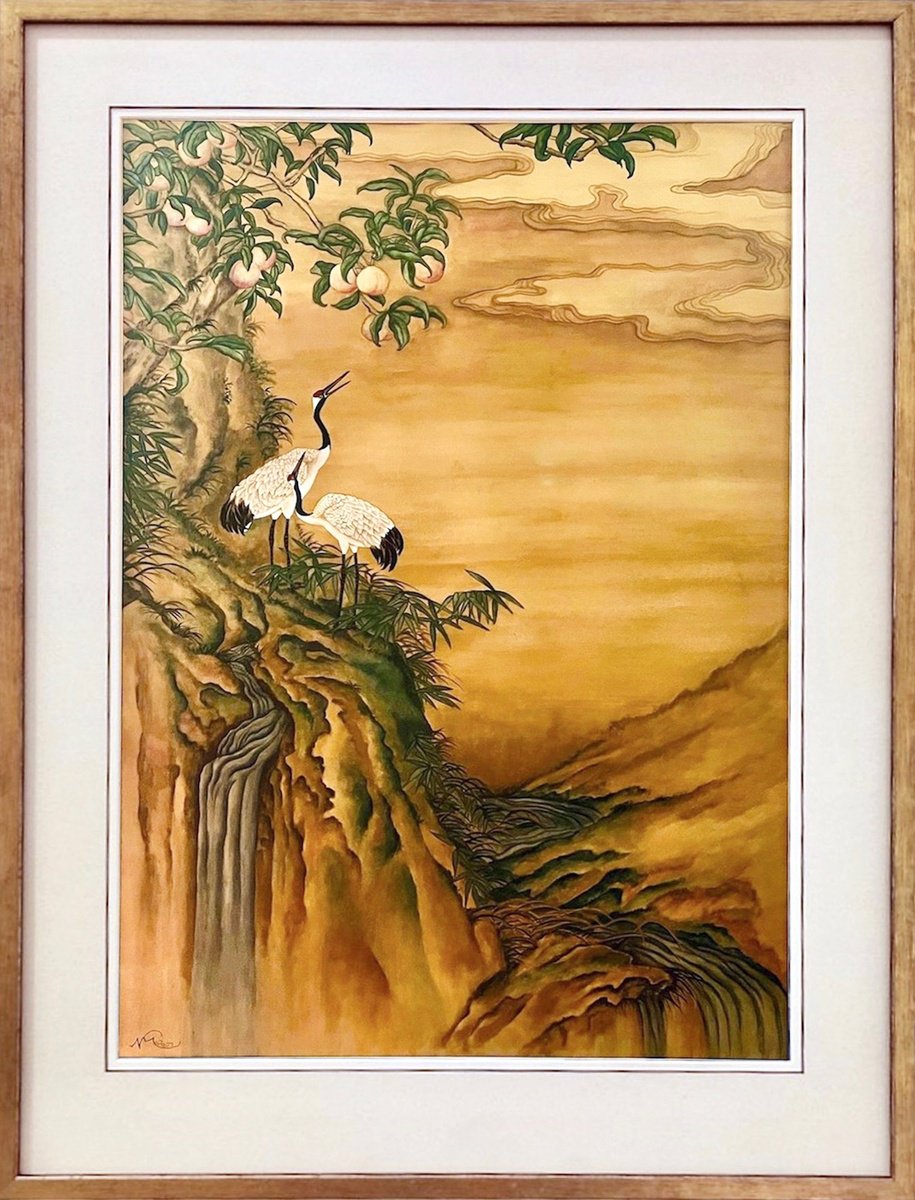 Cranes Under A Peach Tree At The Top Of A Waterfall by Nicola Mountney