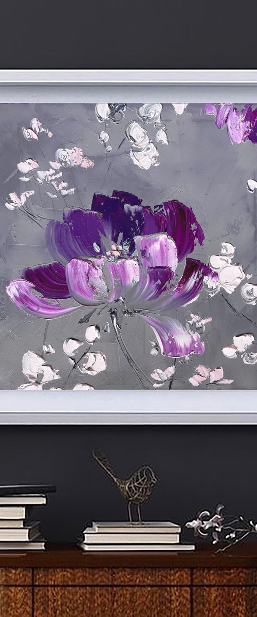 VERY PERI GREENHOUSE  - Small square purple painting. Violet floral art. by Marina Skromova