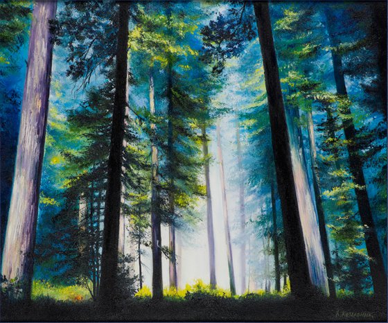 "Mysterious forest"  forest landscape summer  liGHt original painting  GIFT (2015)