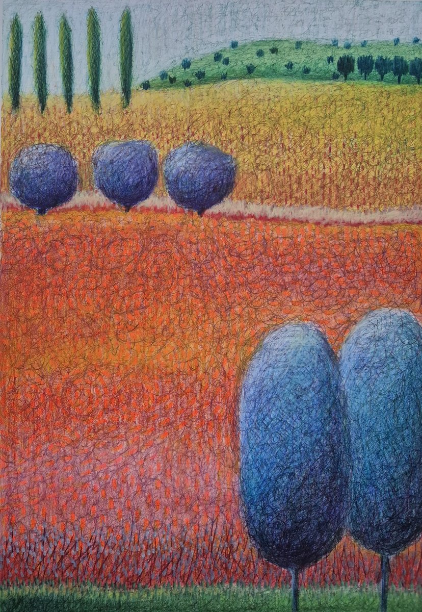 Impressionistic Landscape Drawing By Gitti Gv, 14 X 20, Amber Fields, Original Artwork