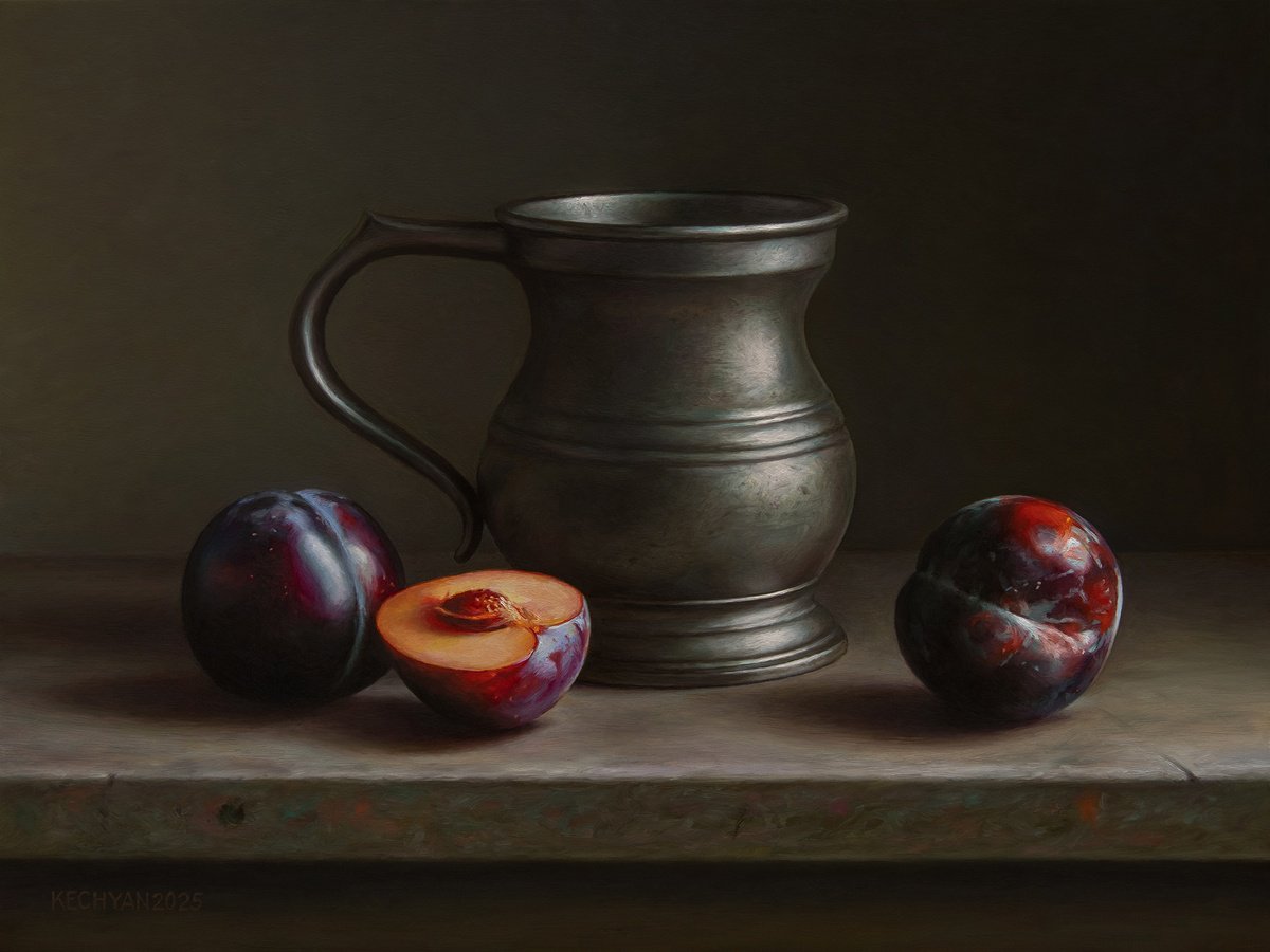 Photorealistic Still Life Oil Painting By Albert Kechyan, 14 X 11, Pewter Tankard With Plums, Original Artwork
