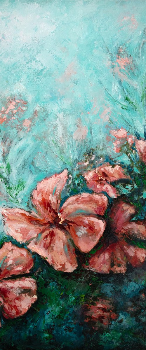 Coral oleanders | 50*60 cm | impasto volumetric oil painting of flowers by Lada Ziangirova