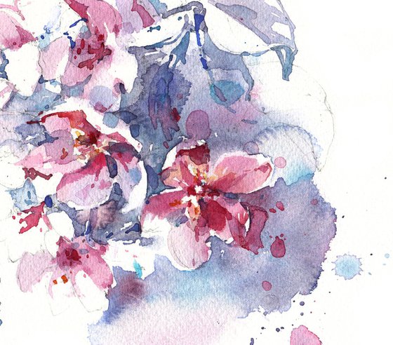 Original watercolor painting "Red apple tree. Branch of a blossoming tree in the spring"