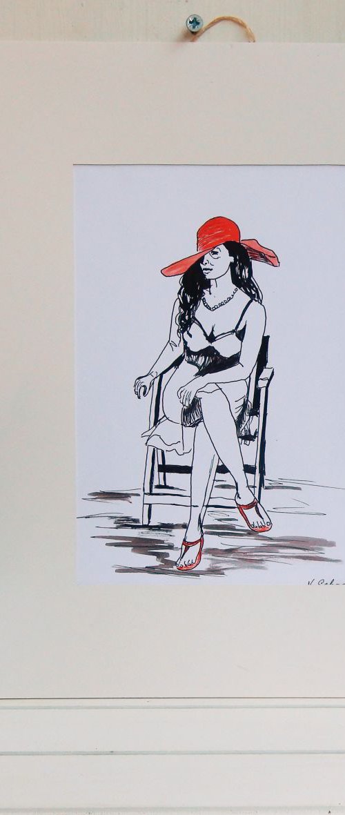 Woman in a red hat, sitting on a chair. by Vita Schagen
